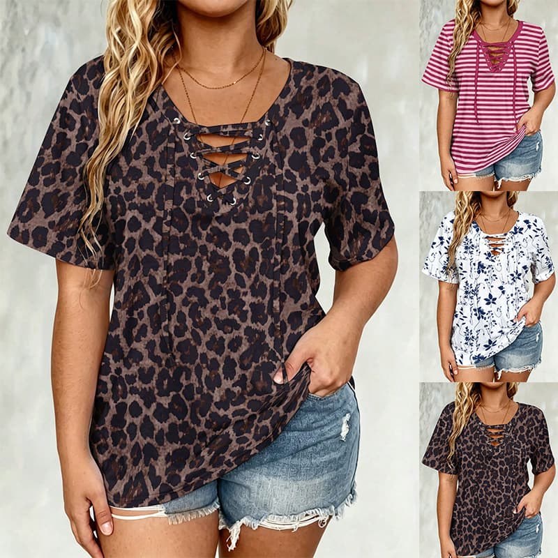 European and American New Pullover Top V-Neck Drawstring Leopard Stripe Floral Print Fashion Short Sleeve T-Shirt for Women