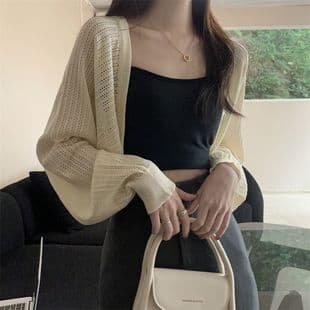 Knitted Top with Camisole Dress and Outer Cardigan Shawl, Women's Summer Thin Hollow Short Jacket