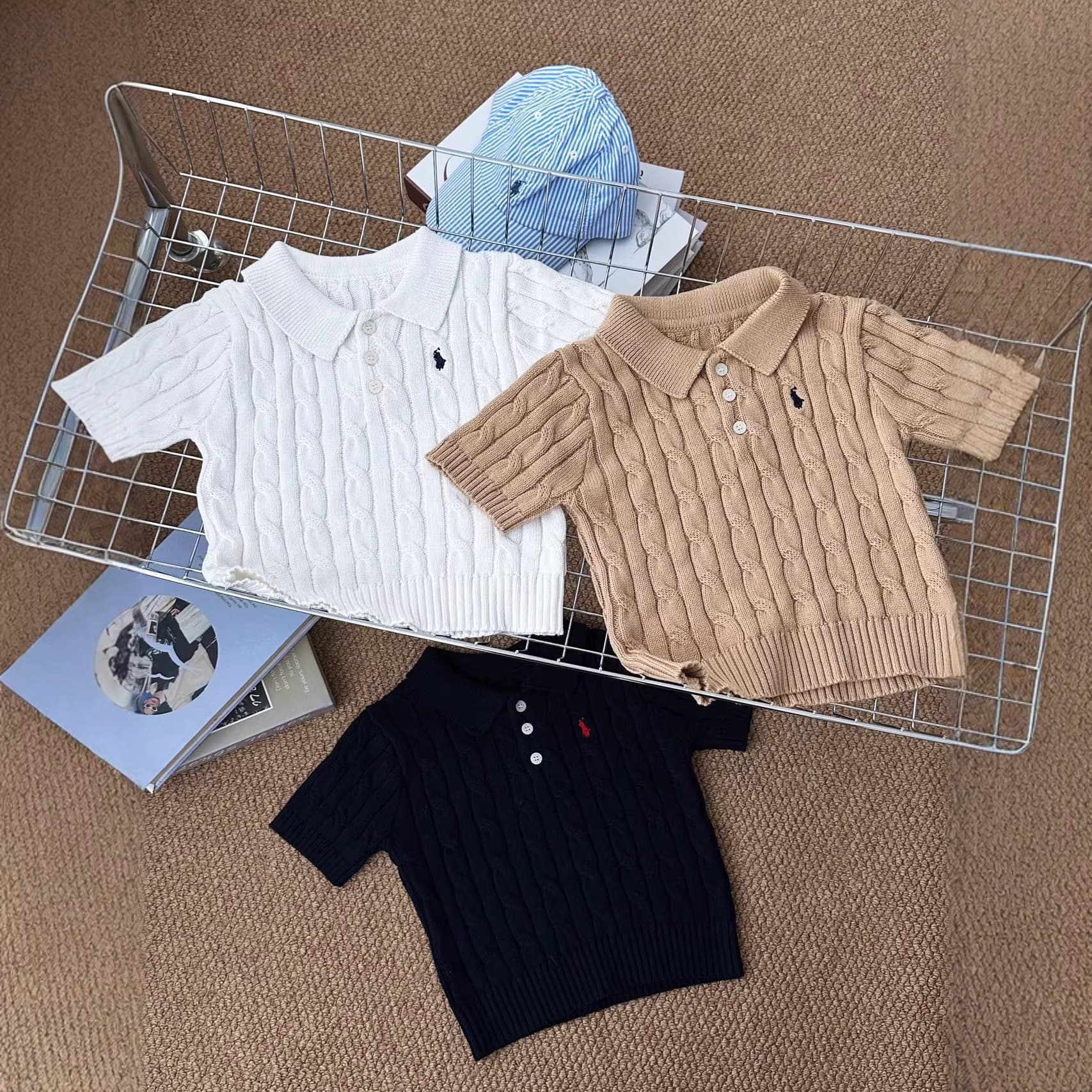 Cross-border RL Ralph Lauren Small Logo Embroidery 4-Color Spread Collar Cable Knit Macaron Pullover Short Sleeve 3010