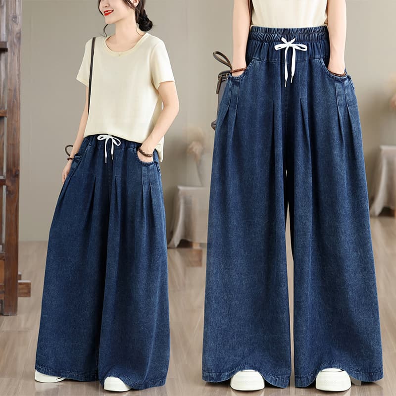 Retro fried denim wide-leg pants for women new high-waisted loose slimming large size casual drape trousers