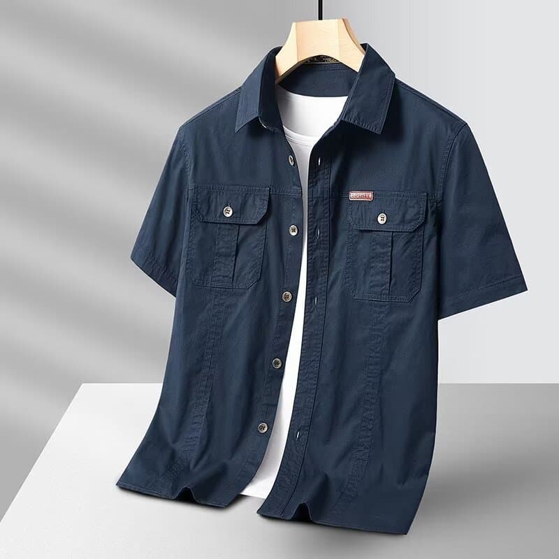 Men's casual loose short-sleeved shirt new large size solid color shirt for young and middle-aged people summer work wear pocket style