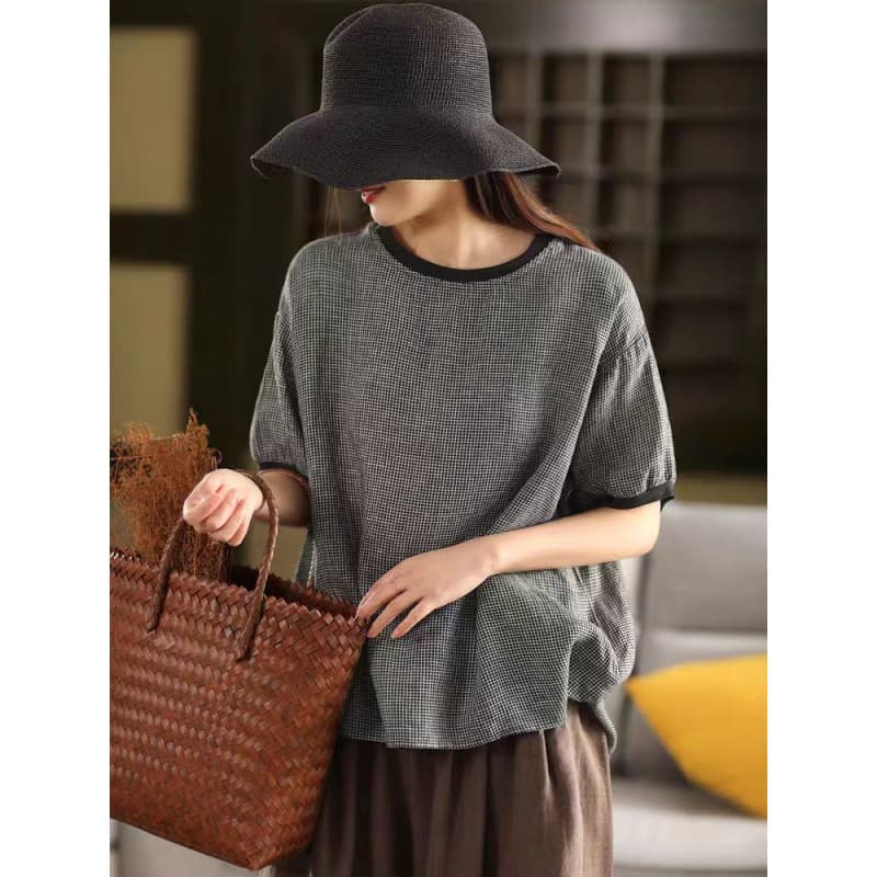 2025 New Official Image Cotton Linen Top for Women Contrast Color Round Neck Short Sleeve Loose Summer Pullover Artistic Linen Shirt