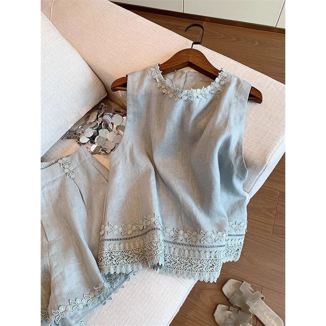 3D Lace Embroidery Top and Shorts Set Women's Summer New Chinese Style Blue Sleeveless Shirt Two-Piece Set