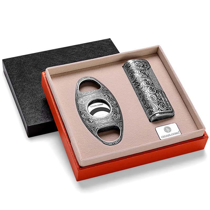 CIGARLOONG Cigar Cutter Lighter Set Windproof Direct Flame Lighter Stainless Steel Cigar Cutter Two-Piece Set