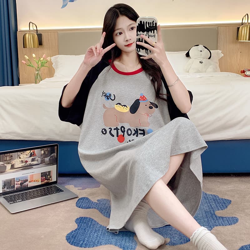 Summer Cotton Casual Short Sleeve Long Dress Girl's Comfortable Breathable Sleepwear Home Clothes Cartoon Print Loose Dress