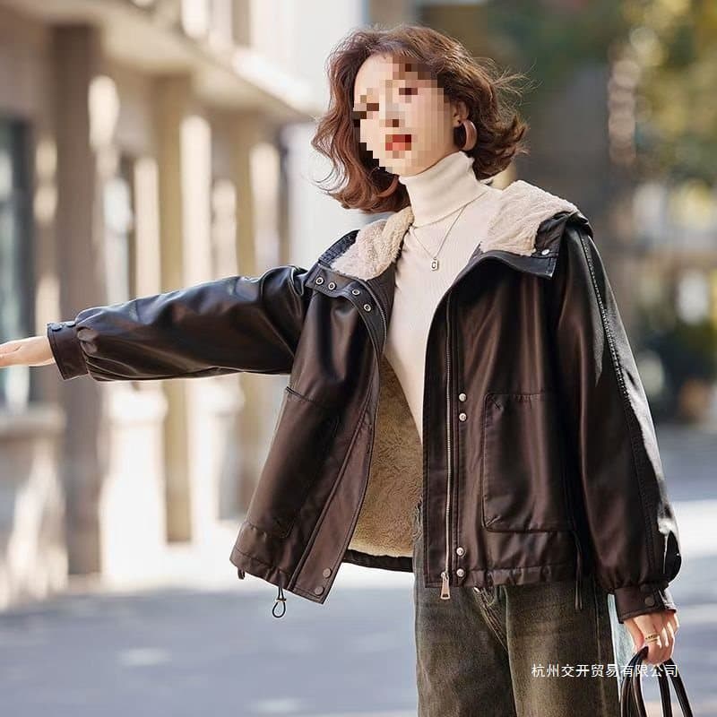 Women's winter fleece-lined, thick, warm leather jacket, casual loose fit, hooded coat, made of fur.