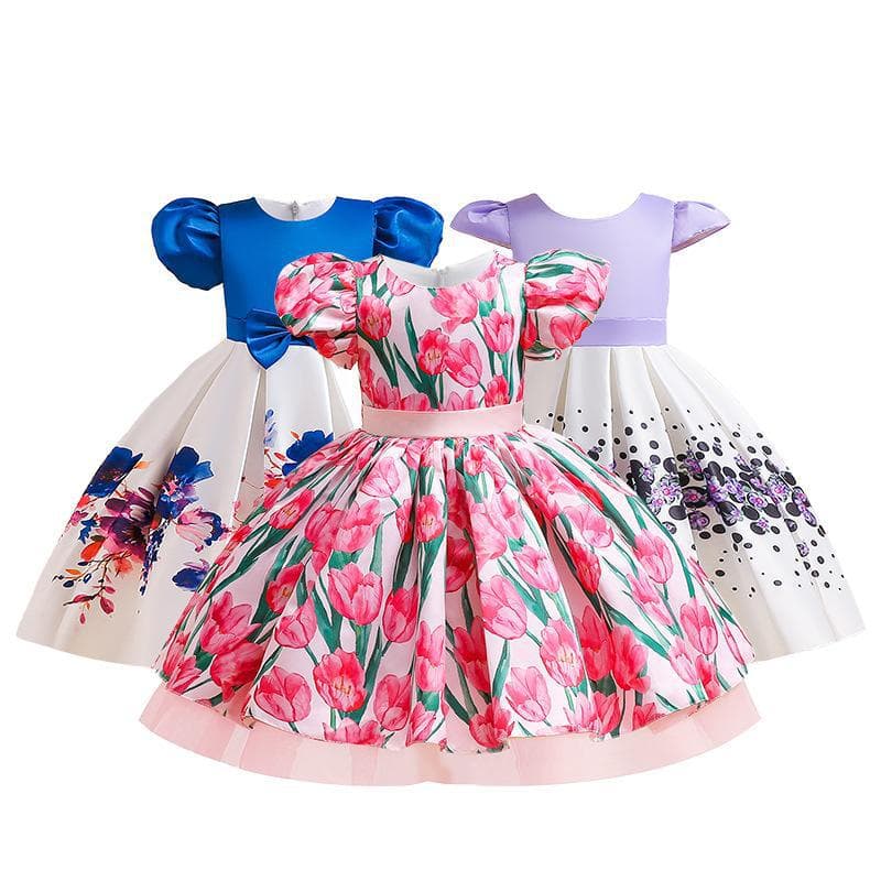 Cute Princess Print Children's Dress Girl's Performance Outfit Floral Skirt Stylish Spring Autumn Winter Seasonal Kids Clothing