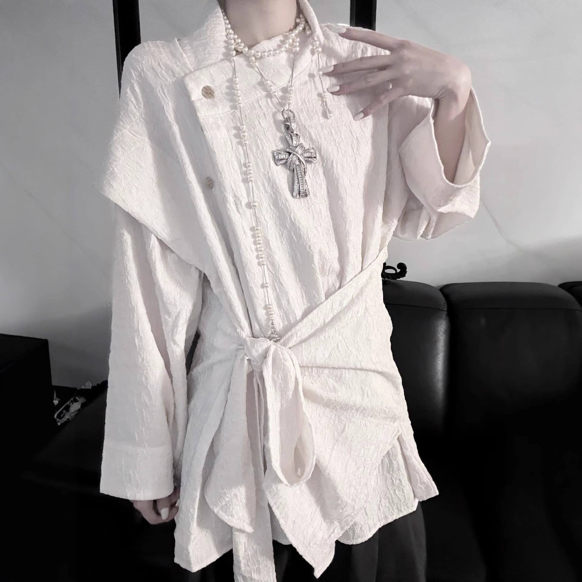 Unique Design Long-Sleeve Shirt for Men and Women, Yamamoto Style, Deconstructed New Chinese Style, Diagonal Placket, Tie-Up Shirt Jacket