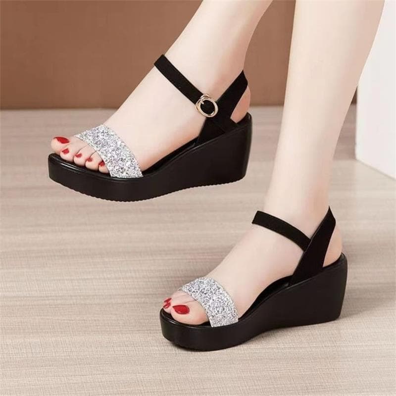 Summer New One-Strap Sandals for Women Fashion Thick Platform Wedge Heel Sandals Shiny Non-Slip High Heel Women's Shoes