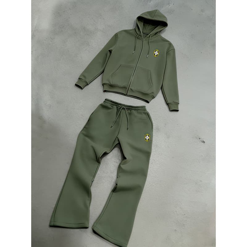 Men's Printed Badge Print Hooded Zip-Up Sweatshirt and Slightly Flared Sweatpants Two-Piece Set Casual Sportswear