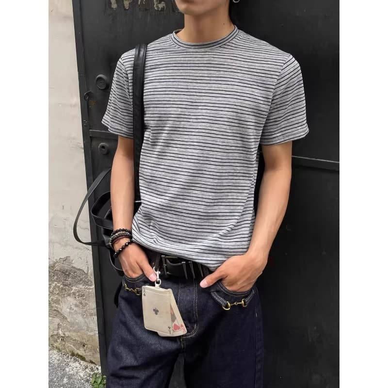 Summer New American Retro Old Money Style Striped Versatile Textured T-Shirt Unisex Short-Sleeve Loose Round-Neck Top