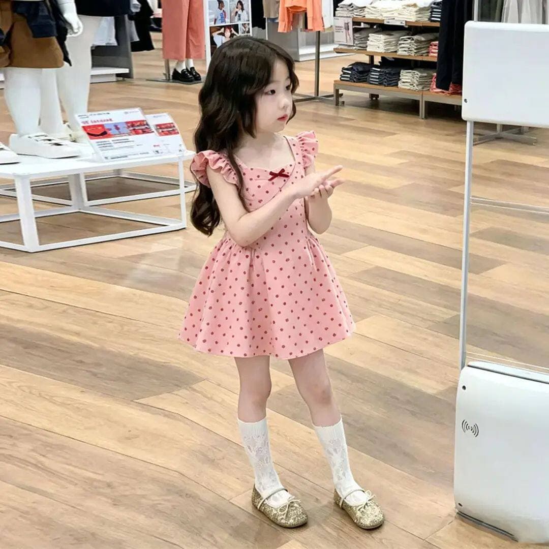 Girls Summer Sweet Dress 2026 New Pink Polka Dot Small Flutter Sleeve Vest Dress Little Girl Waist Short Dress