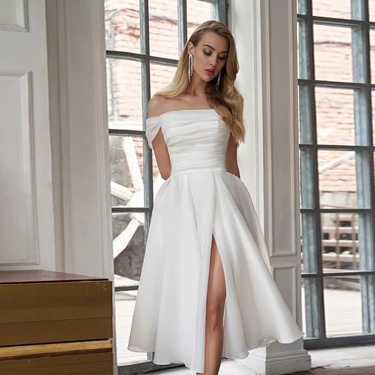 European and American Export One-Shoulder Evening Dress White Certificate Registration Light Wedding Dress Birthday Party Fashion Split Dress
