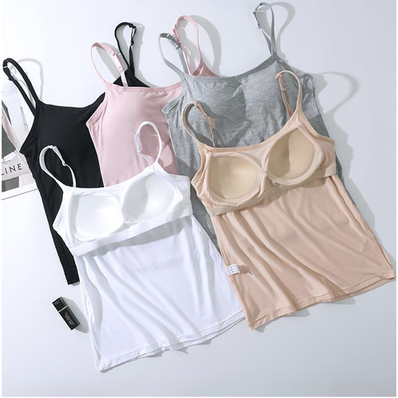 Modal camisole tank top for women, with padded bra cups, perfect for spring and summer, white, suitable as an inner layer or outer layer.