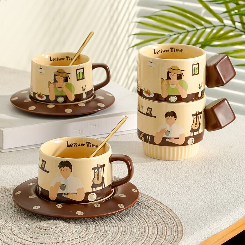 Leisurely Couple Mug Series - Coffee Cup Ceramic Mug with Saucer, Niche Design, Breakfast Cup