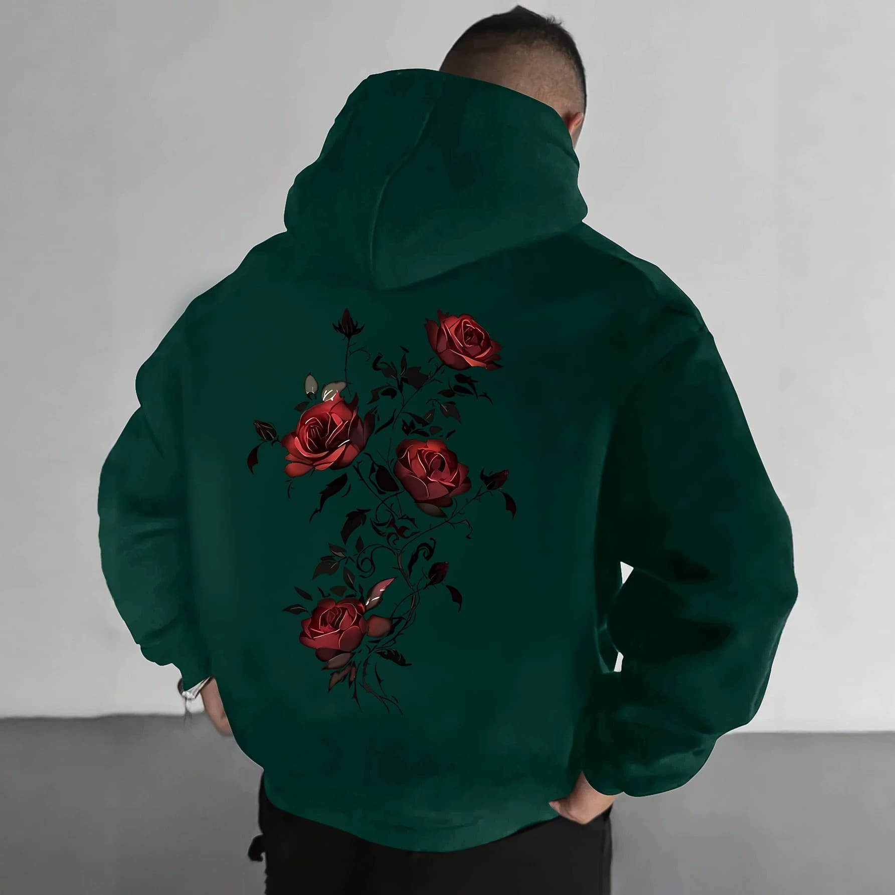 Vintage Red Rose Vine Back Print Hoodie, Dark Romantic Style Couples Streetwear Sweatshirt.