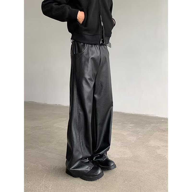 American Retro PU Leather Pants for Men Loose High-End Vibe Straight Leg Wide Leg Casual Pants Draping Floor-Length Pants Matte