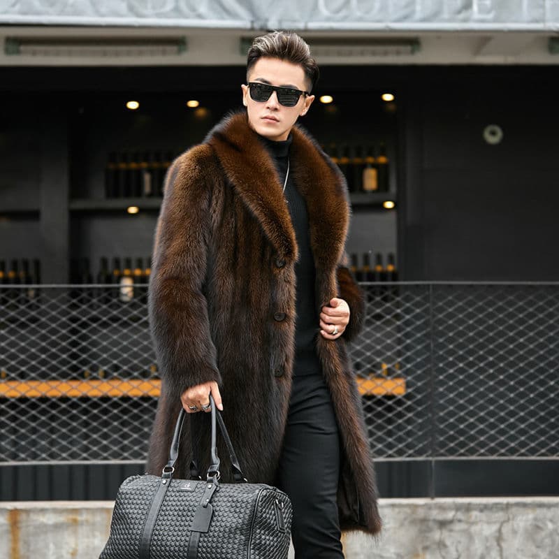 Imitation mink coat men's mid-length autumn and winter plus size fleece-lined thickened imitation raccoon fur coat brown