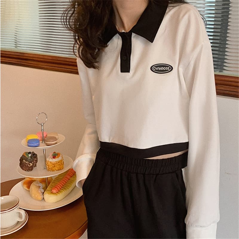 Sweet and cool polo collar long-sleeved waist sweatshirt for women spring new Korean style loose design niche top with trendy temperament