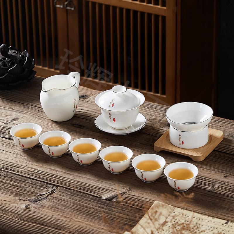 Home Living Room Light Luxury Tea Brewing Office High-end Dehua White Porcelain Lidded Bowl Tea Cup Mutton Fat Jade Kung Fu Tea Set