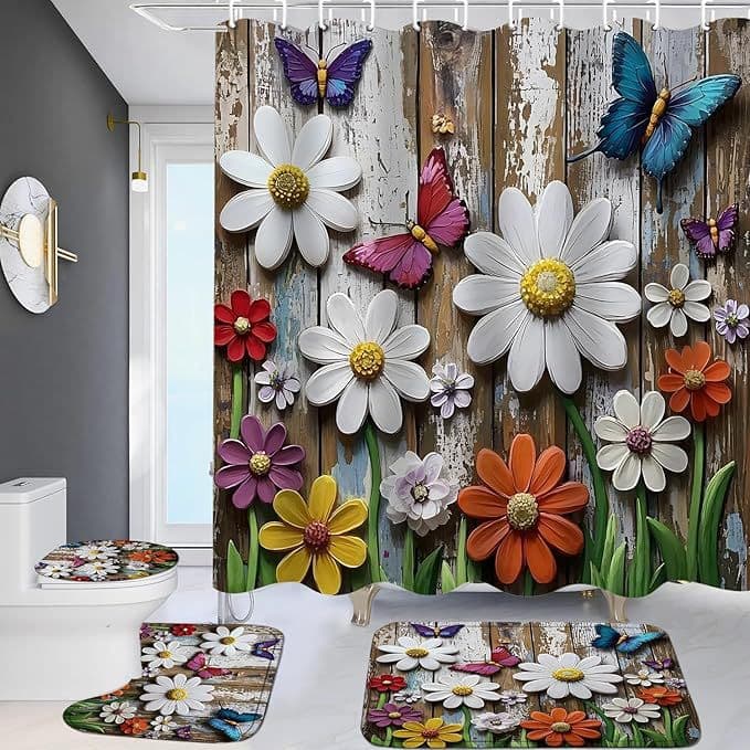 Amazon New Daisy Flower Wooden Wall Butterfly Print Bathroom Shower Curtain Moisture-Proof Anti-Mildew Decorative Partition Curtain