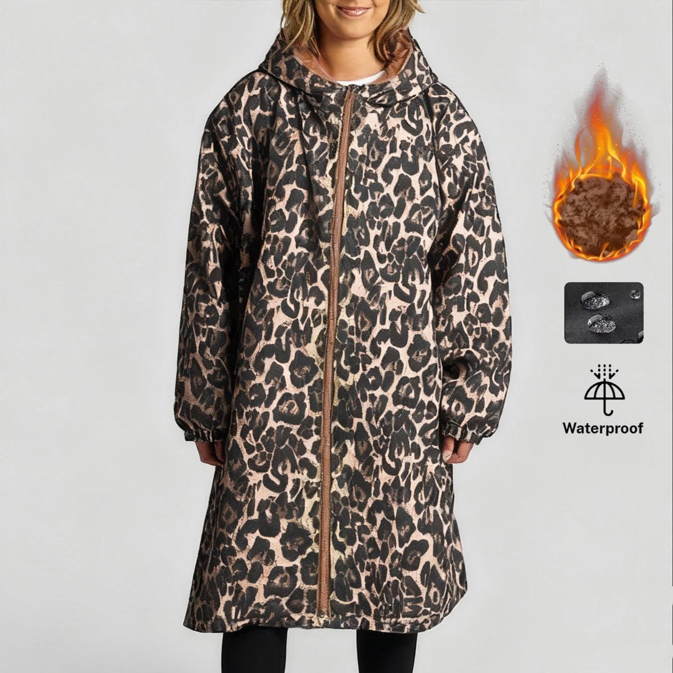 Amazon European/American Cross-Border Hot-Selling Export Leopard Print Jacket New Water-Resistant Trench Coat Fleece-Lined Hooded Zip-Up Street Style