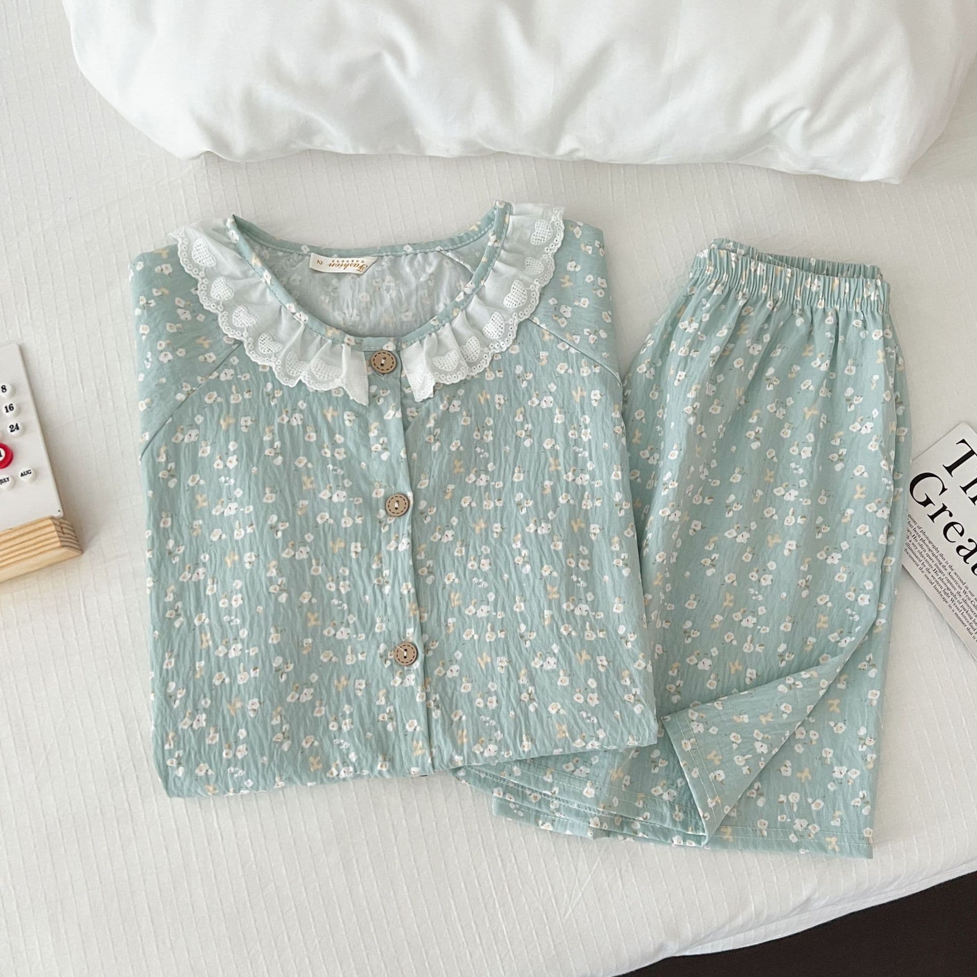 Japanese-Style Pastoral Floral Pajamas for Women, Summer Cloud Cotton Lace Trim Short-Sleeve Shorts Thin Home Wear Set