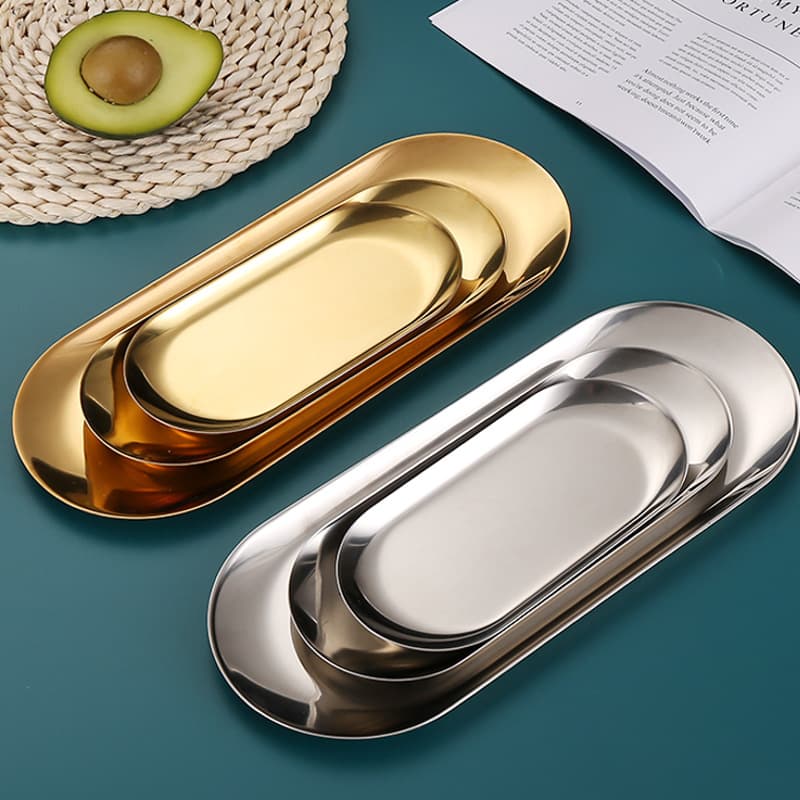 Stainless Steel Oval Tray European Style Towel Tray Jewelry Storage Tray Flat Bottom Gold Small Tray Home Storage Tray