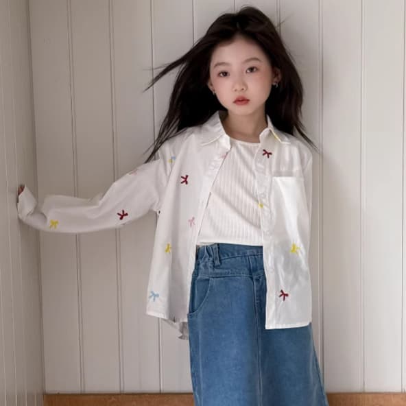 Girls Long Sleeve Shirt Embroidered Butterfly Knot Spring Summer Cotton Children's Clothing Middle Big Kids Blouse Sweet Style