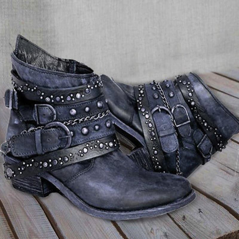 Amazon New Martin Boots Women Belt Buckle Retro Cross-Border Large Size Autumn/Winter Ankle Boots Women Block Heel Studded Women's Boots