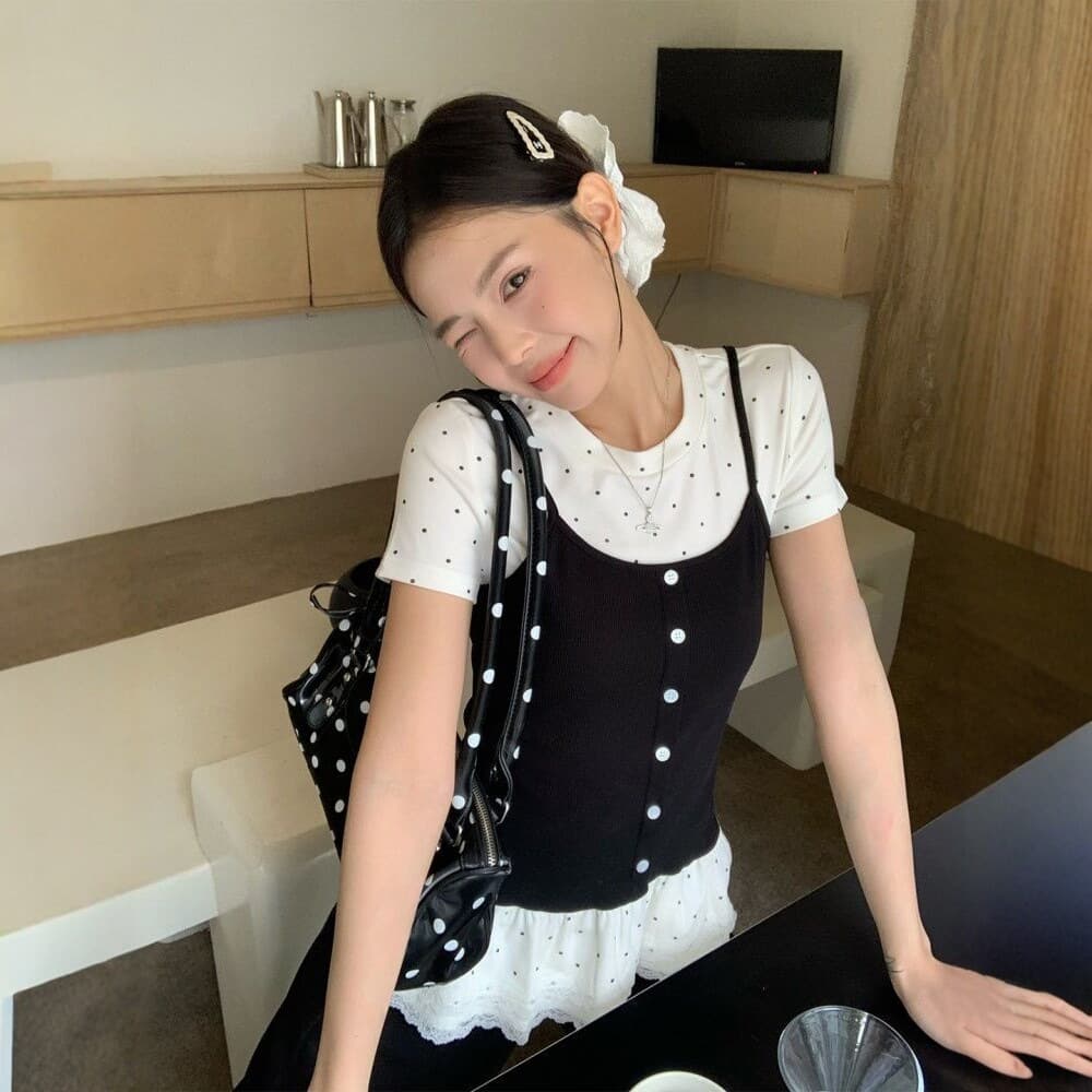 [210g 40s Combed Cotton] Faux Two-Layer Regular Shoulder Short Sleeve T-Shirt Women's Summer Ballet Style Slim Fit Polka Dot Top Trendy