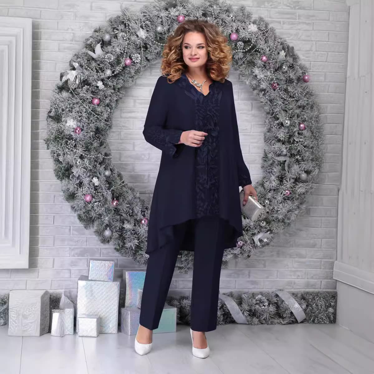 European & American New Style Plus Size Women's Three-Piece Evening Gown with Patchwork Embroidery, Elegant Office Wear Slim Fit Cocktail Dress Set