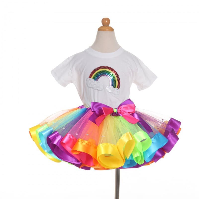 2022 Children's Rainbow T-Shirt Set Cotton Sequin Short Sleeve T-Shirt Girls Princess Mesh Skirt