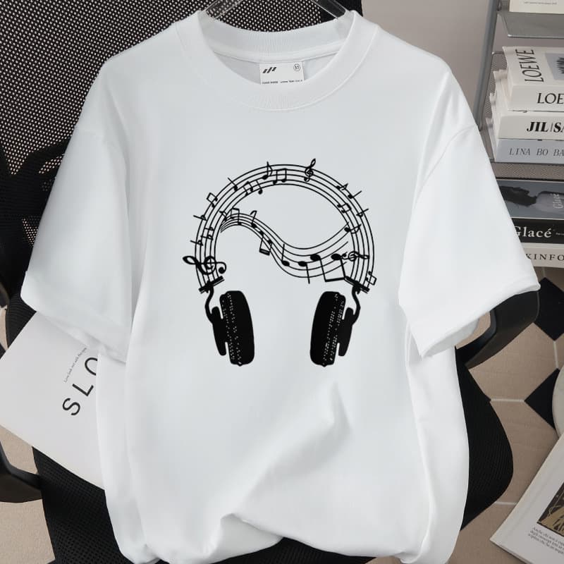 Cross-Border Best-Selling Music and Headphones Creative Print T-Shirt Loose Trendy Top High-Quality Pure Cotton Short Sleeve 1002-26
