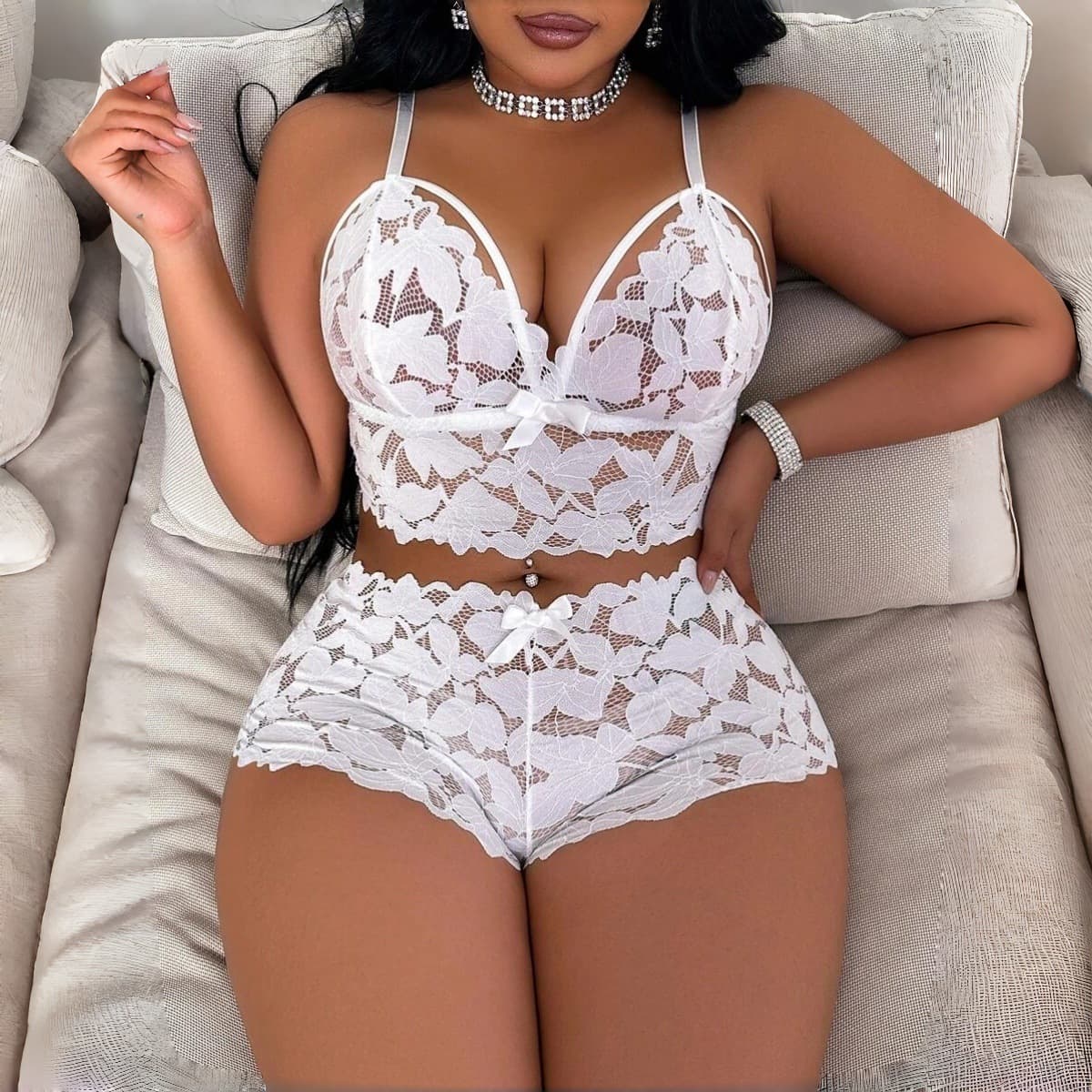 Cross-border Amazon Europe and America Lace Bra Set See-through Nightie Seductive Lingerie Plus Size Homewear Women