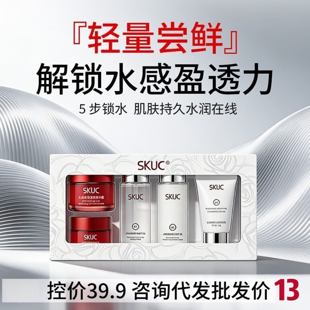 SKUC Travel Mini Set: 5-Piece Skincare with Serum, Cleanser, Moisturizer, Travel-friendly, Authentic