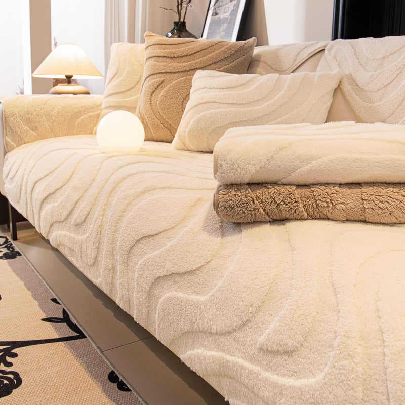 Thickened Flocking Sofa Cushion Anti-Slip Velvet Sofa Cover Modern Minimalist Style Stripe Pattern Combination Sofa Protector