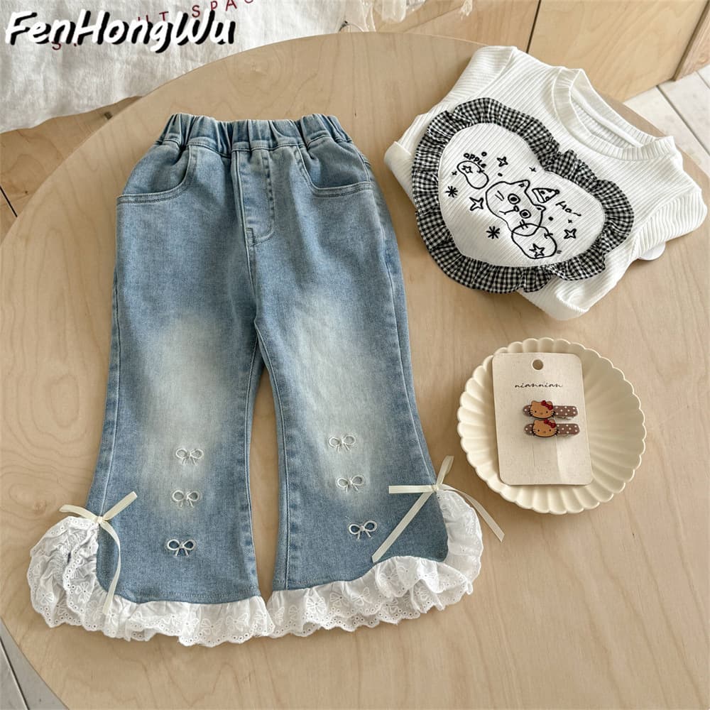[Pink House] Baby Girl Lace Split Jeans Spring Autumn Style Little Girl Sweet Fashionable Flared Pants Long Pants