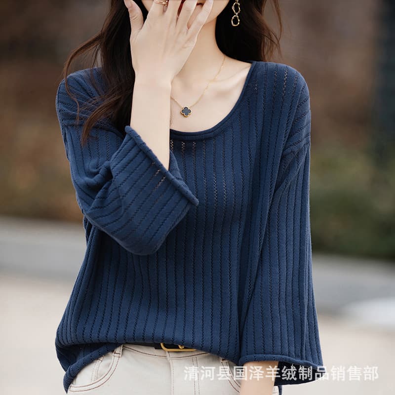 Plus Size Short Sleeve Summer Women's Cotton Hollow Knit Pullover T-Shirt, Loose Fit Three-Quarter Sleeve