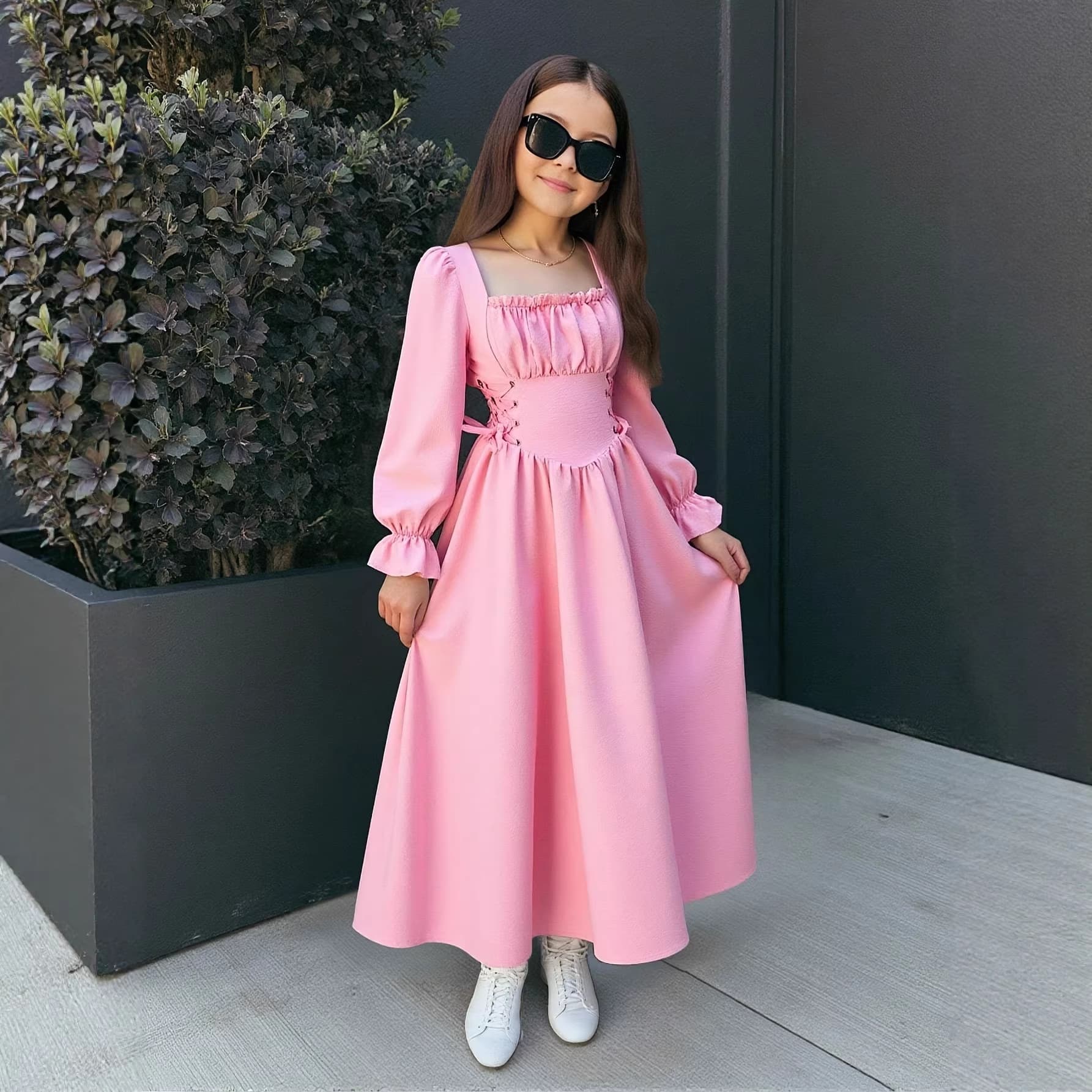 Youth Casual Vacation Square Neck Flared Sleeve Tie Waist Ruffle Bust Retro Dress for Back to School