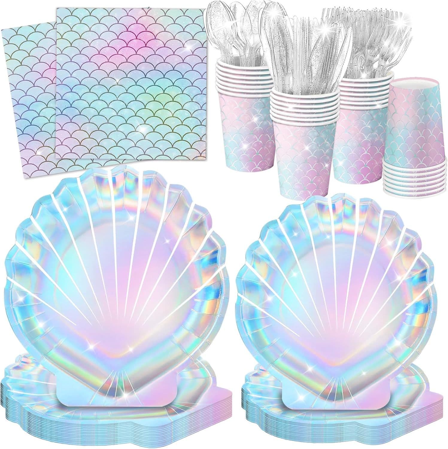 Cross-Border Laser Shell Party Paper Plate Set Mermaid Theme Girl Birthday Decoration Disposable Dinner Plate Paper Towel