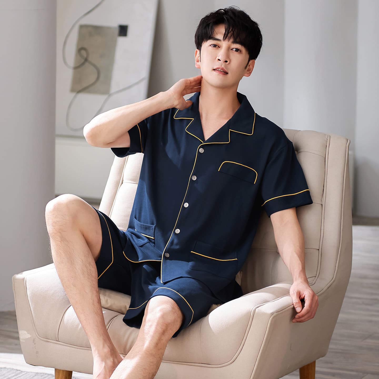 100% cotton men's pajamas summer short-sleeved shorts simple casual loose cardigan lapel men's summer home clothes