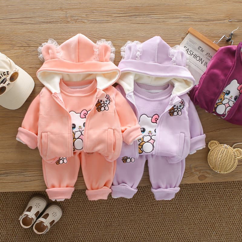 Baby girl Korean style autumn style plus velvet suit 1-5 years old 3 new children's clothes girls autumn and winter three-piece trendy set