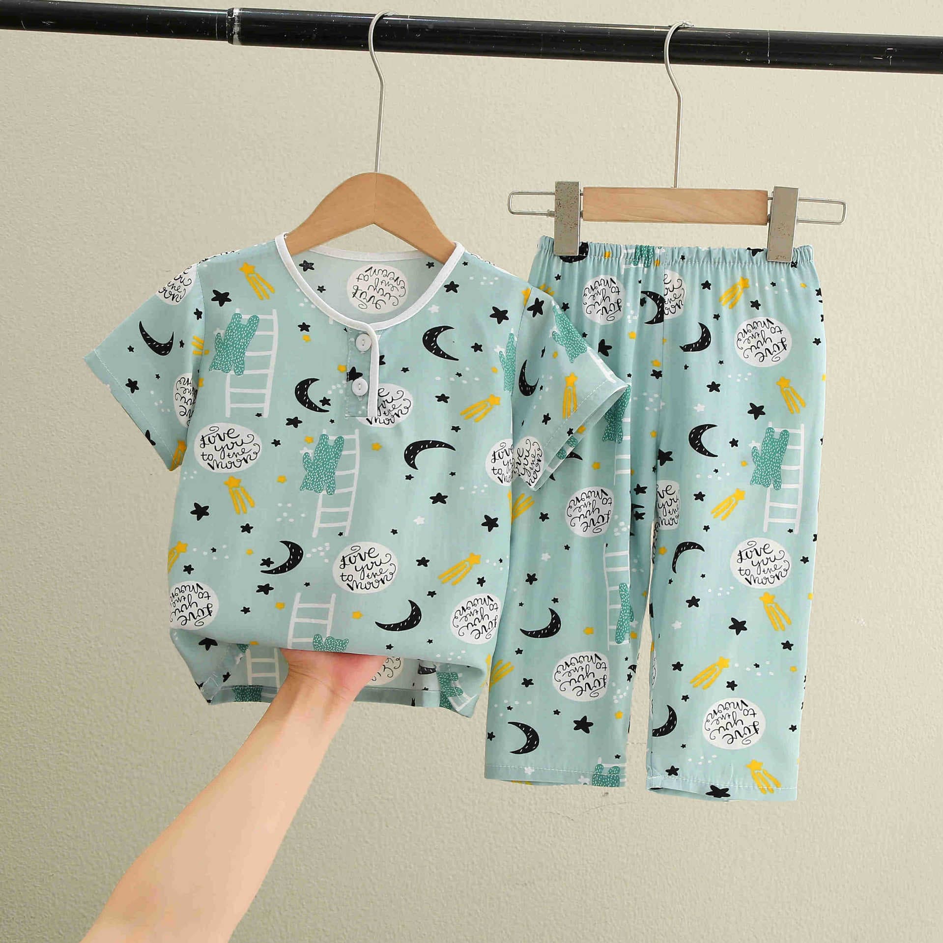 Summer Boys Thin Homewear Set, Children's Cotton Silk Pajamas, Short Sleeve Top and Long Pants for Baby Boys and Girls