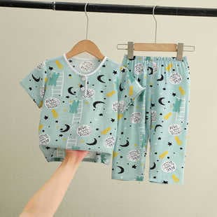 Summer Boys Thin Home Wear Set Kids Cotton Silk Pajamas Baby Short Sleeve Long Pants