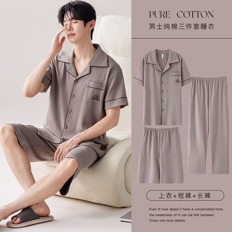 Pure cotton pajamas men's summer short-sleeved high-end shirts that can be worn outside men's home clothes three-piece suit