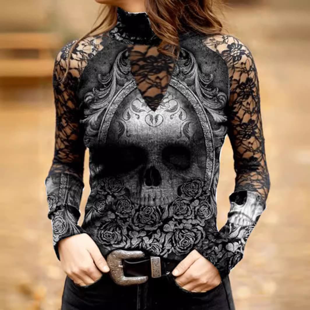Autumn/Winter Women's Clothing Series Lace Skull Print Top T-Shirt