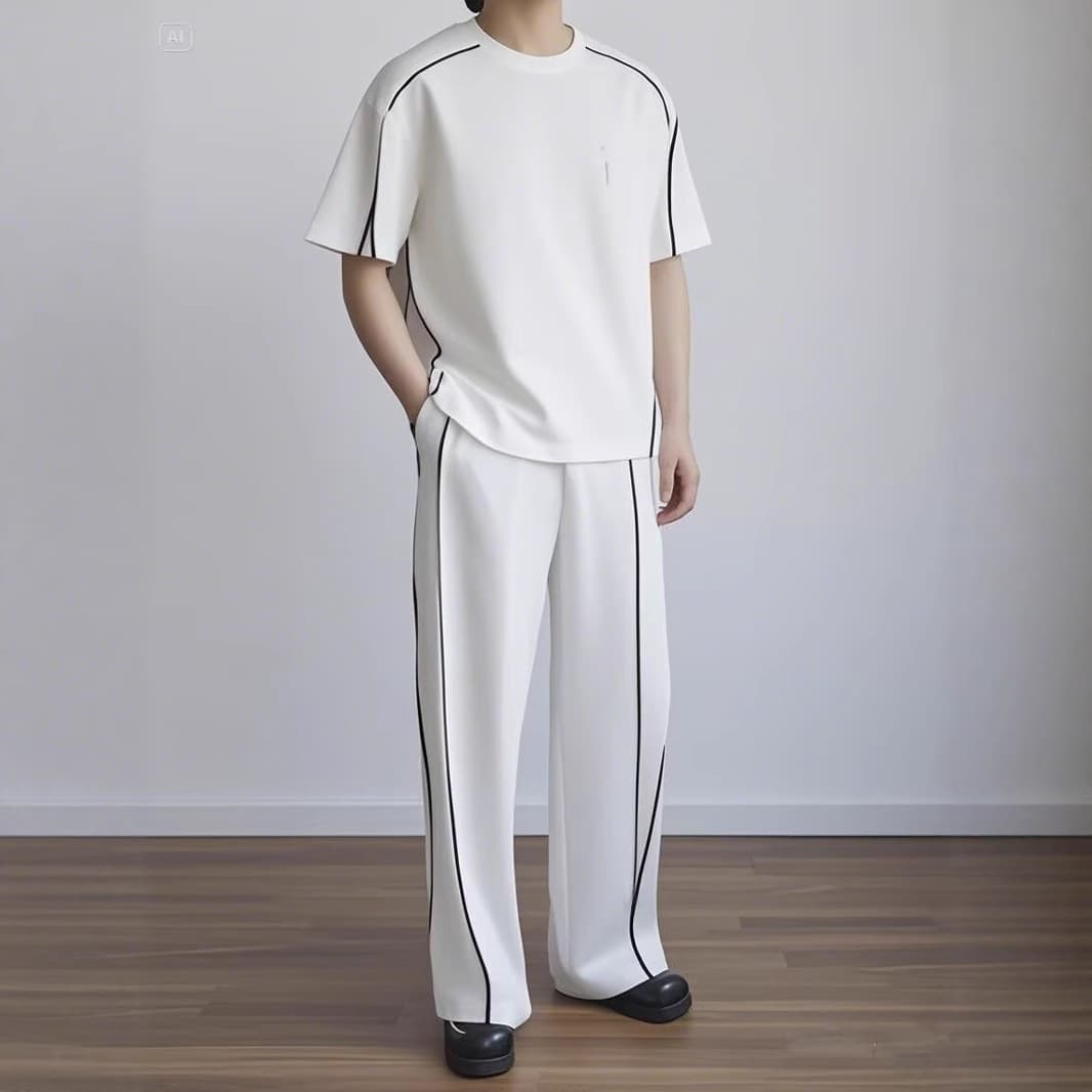 Summer Premium Cool Casual Sportswear Set for Men, Korean Loose Half-Zip T-Shirt with Shorts Two-Piece Set