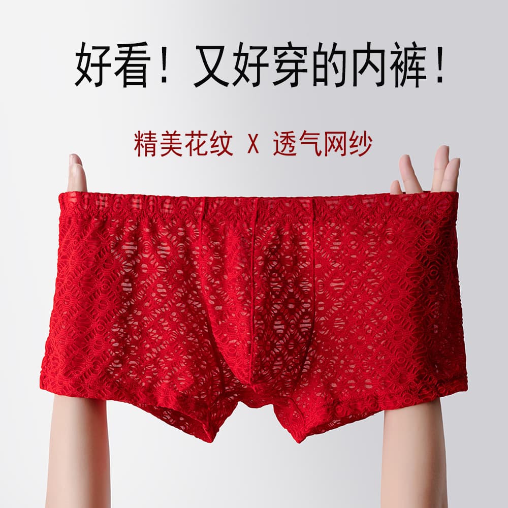 Men's Boxer Briefs Mesh Breathable Sexy Jacquard Fashionable Breathable Underwear Red Youth Boxer Shorts