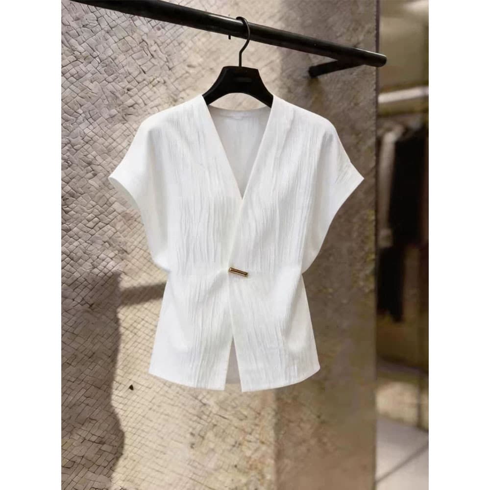 Korean style light luxury style white V-neck short-sleeved women's 2026 summer new textured waist slimming top